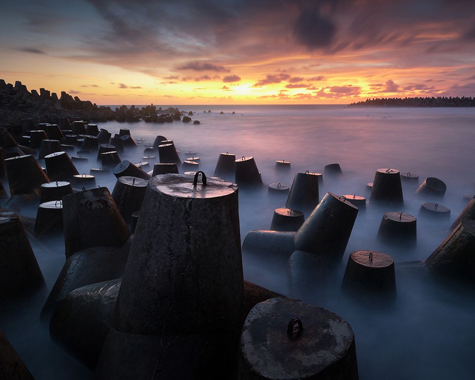 Wave-breakers at Glagah Beach, Indonesia