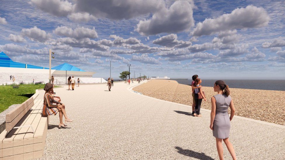 A CGI of the planned new seafront area between the Pyramids Centre and South Parade Pier.