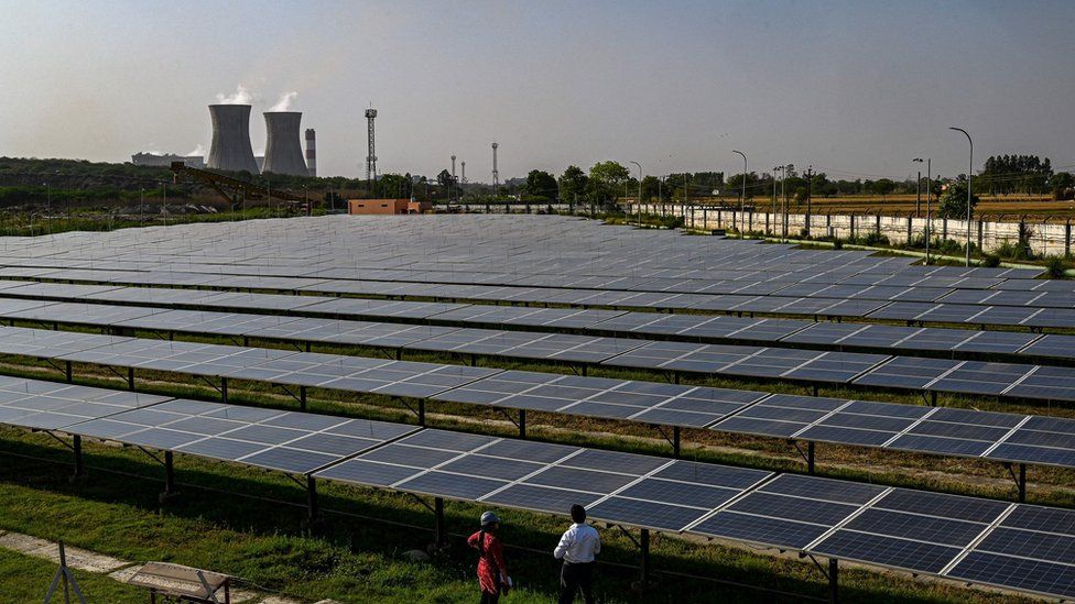 Solar panels are seen at the National Thermal Power Corporation (NTPC) plant, which is primarily coal-fired, in Dadri.
