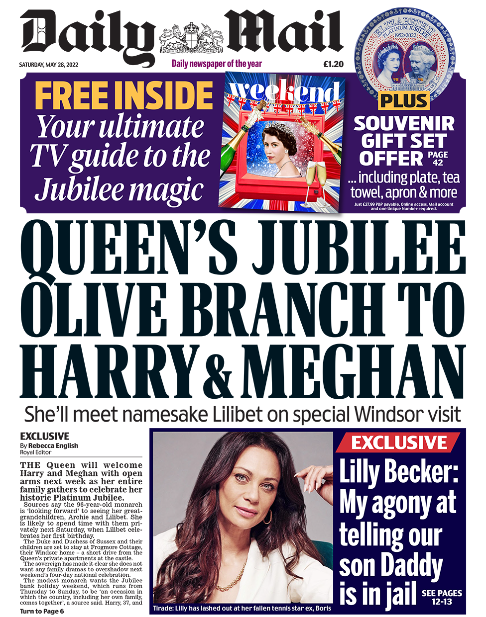Заголовок в Mail гласит: «Юбилейная оливковая ветвь королевы Гарри и Меган».