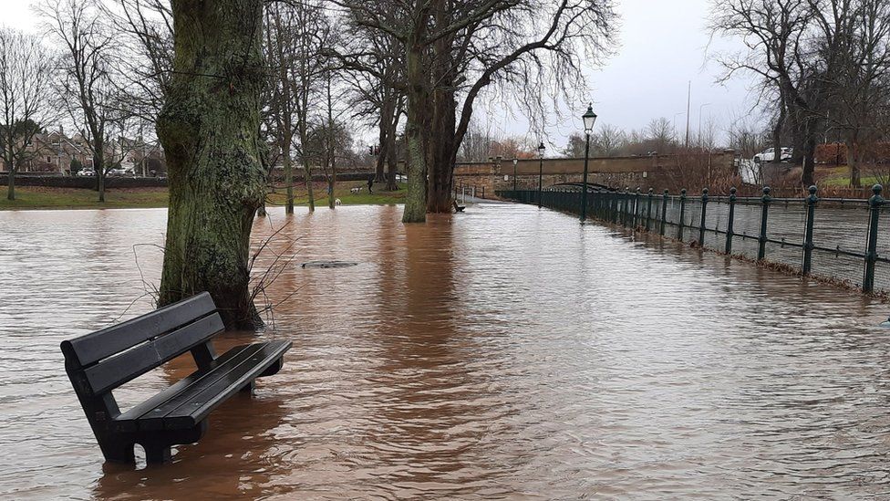 River Eden in the town of Cupar, in Fife, Scotland having burst its banks.