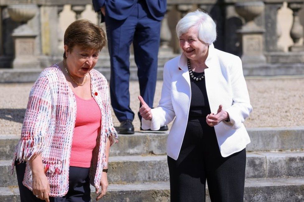 Janet Yellen (R), US Treasury secretary, right, gestures to Kristalina Georgieva, managing director of the International Monetary Fund (IMF), after the family photo on the final day of the Group of Seven Finance Ministers summit in London, Britain, 05 June 2021.