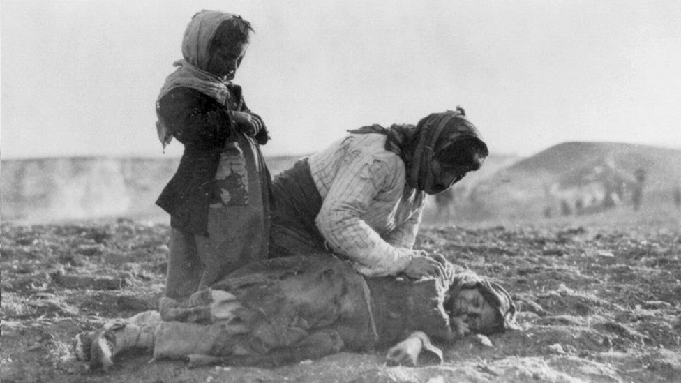 Armenian woman with her dead child near Aleppo, 1 Jan 1915