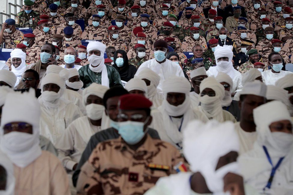 Chadian military officials sit in the stands awaiting the start of the state funeral for the late Chadian president Idriss Deby in N"Djamena, Chad, 23 April 2021. Chad"s President Idriss Deby died of injuries suffered in clashes with rebels in the country"s north, an army spokesperson announced on state television on 20 April 2021. Deby had been in power since 1990 and was re-elected for a sixth term in the 11 April 2021 elections. The state funeral will take place on the morning of 23 April 2021, attended by French President Emmanuel Macron.