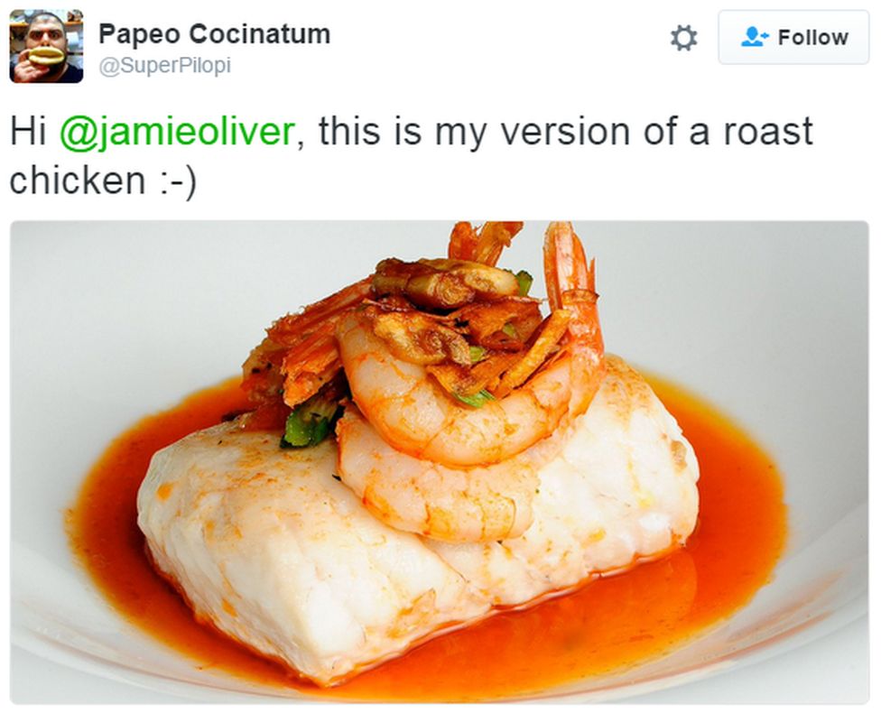 A tweet reads: "Hi @jamieoliver, this is my version of a roast chicken :-)" with a picture of some fish