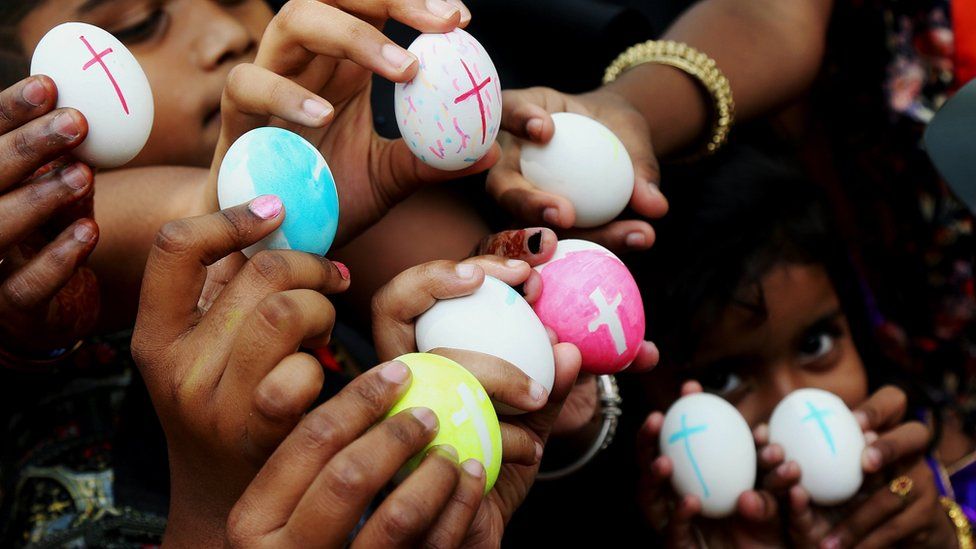 Indian Christian devotees presented coloured Easter Eggs with a Christian Cross symbol in Bangalore.