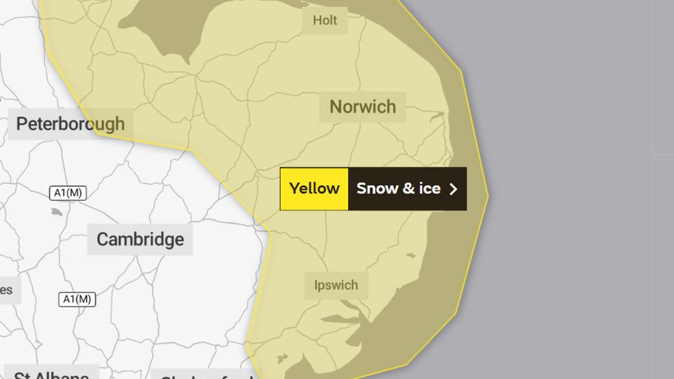 Yellow weather warning across Norfolk, Suffolk, parts of Essex and Cambridgeshire.