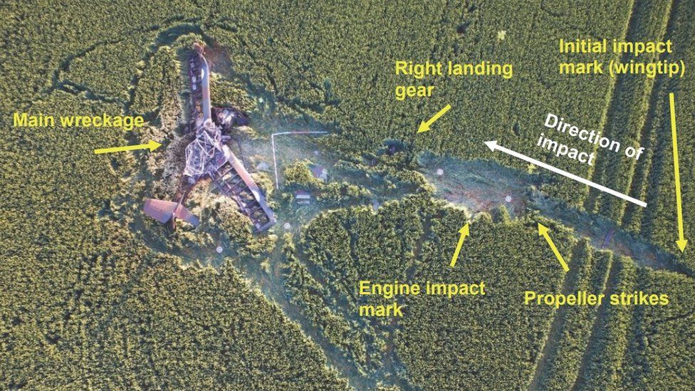 Aircraft wreckage and impact trail