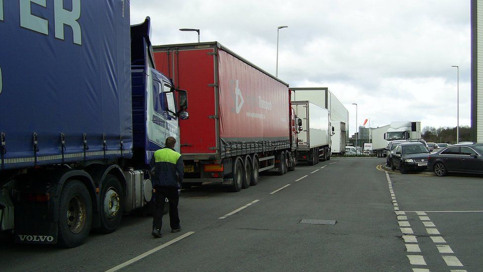 Lorries queuing at DHL Rugby depot