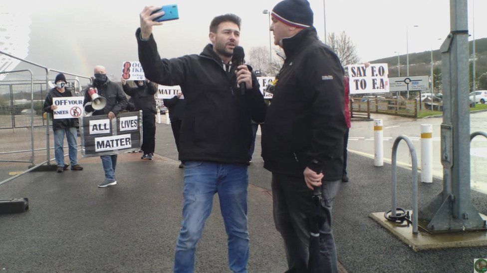 Dan Morgan and Stan Robinson at a protest outside Swansea City's Liberty Stadium
