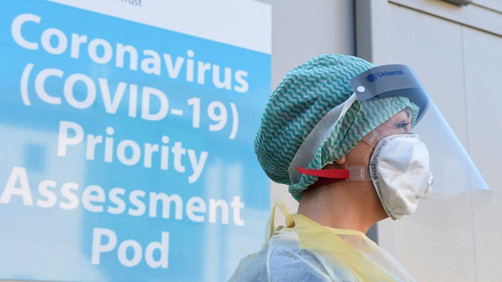 An Emergency Department Nurse during a demonstration of the Coronavirus pod and COVID-19 virus testing procedures set-up beside the Emergency Department of Antrim Area Hospital, Co Antrim in Northern Ireland