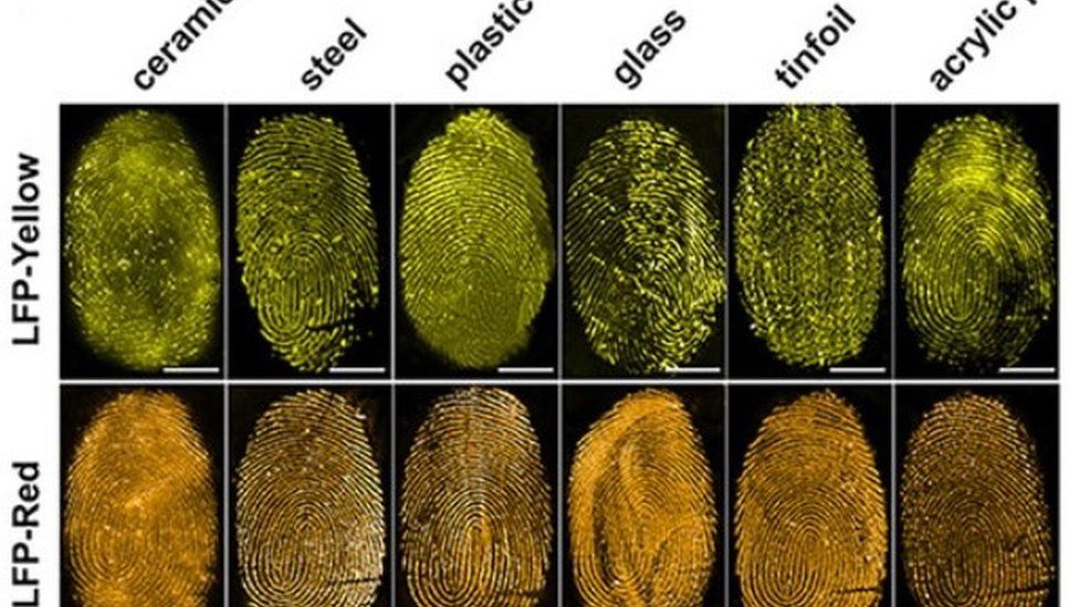 A selection of fingerprints on various surfaces taken with the two different coloured dyes