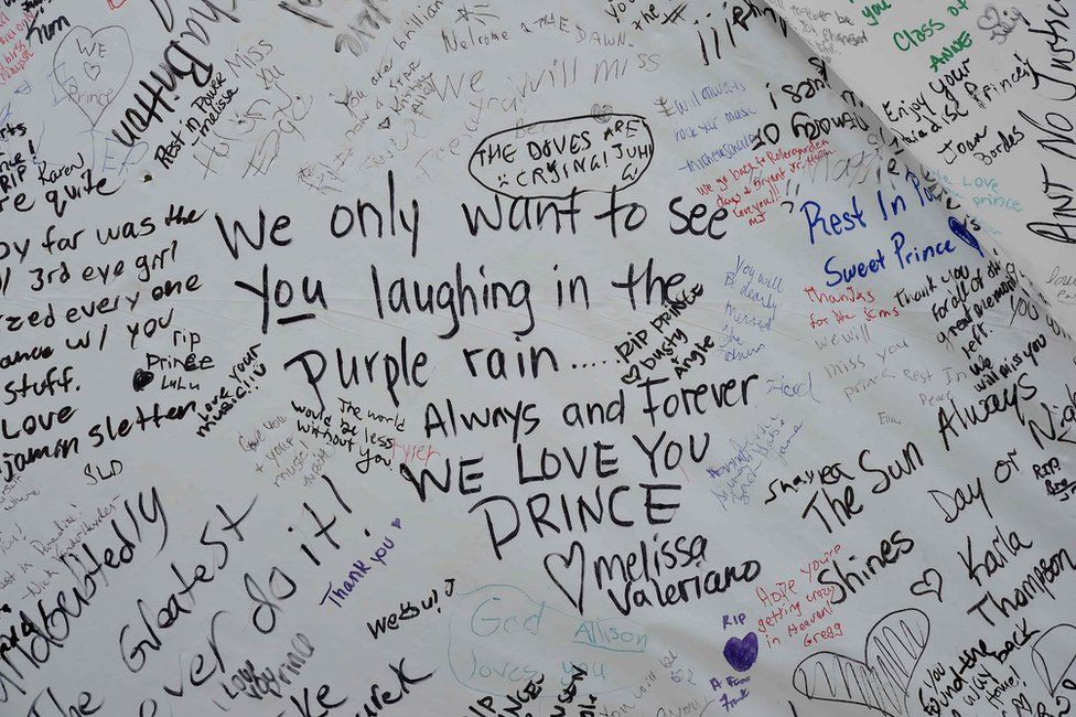 Messages from Prince fans outside Prince's Paisley Park residential compound in Minneapolis, Minnesota, 22 April