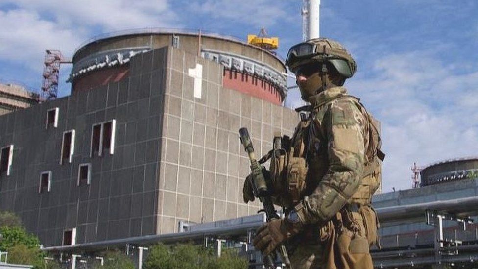 Russian soldier on guard at Zaporizhzhia nuclear plant, 1 May 22
