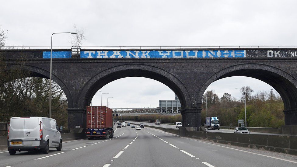 Thank you NHS graffiti over bridge on M25