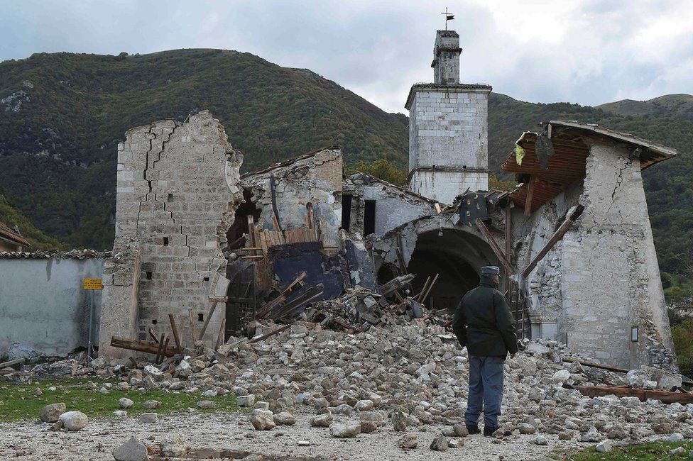 Collapsed church in Campi di Norcia, central Italy