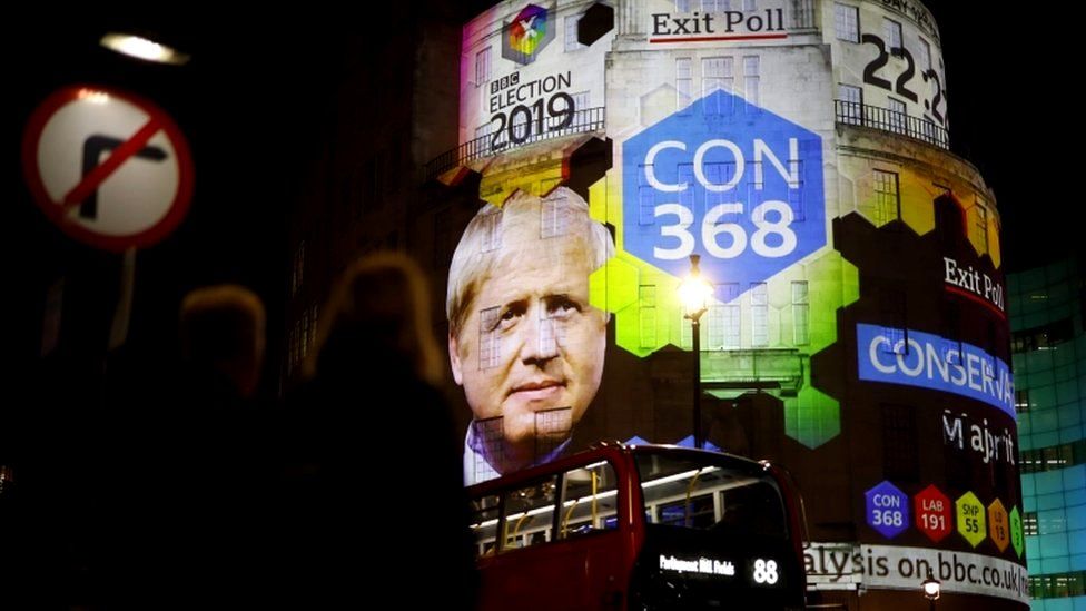 The BBC's exit poll results projected on the outside of the broadcaster's office building in London, 12 December 2019