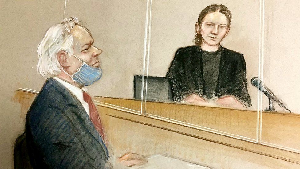 Drawing of Julian Assange in court