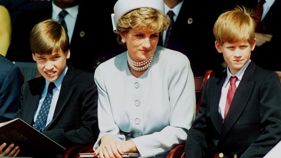 Princes William (left) and Harry (right) with their mother, Diana, Princess of Wales