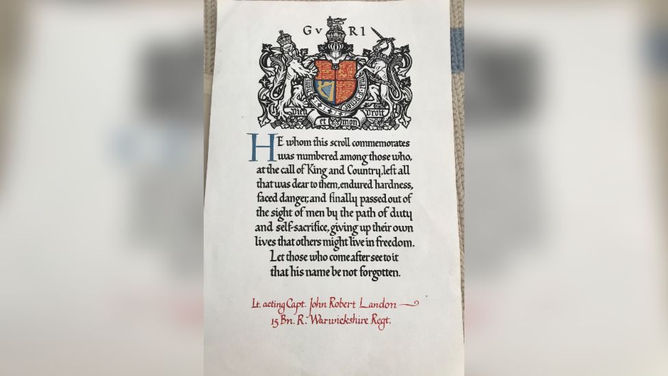 The scroll for John Robert Landon's family