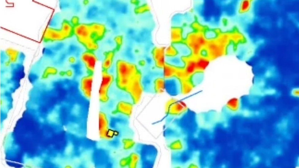 GPR data showing lineal features across a complex of buildings