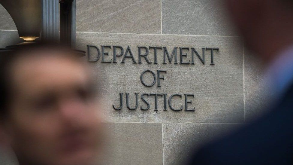 A Department of Justice sign in Washington, DC