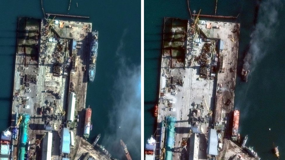 Satellite images showed the landing ship Novocherkassk docked at Feodosia first on 5 December (L), then on 26 December