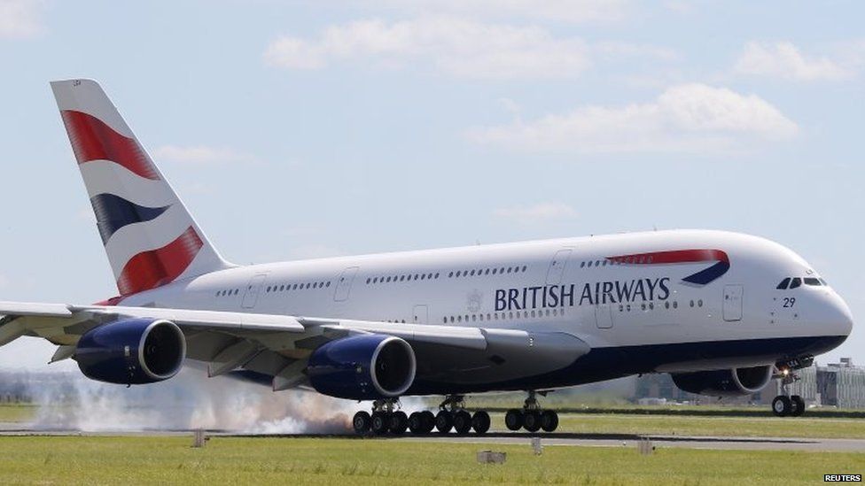 A British Airways (BA) Airbus A380 lands at the Le Bourget airport near Paris.
