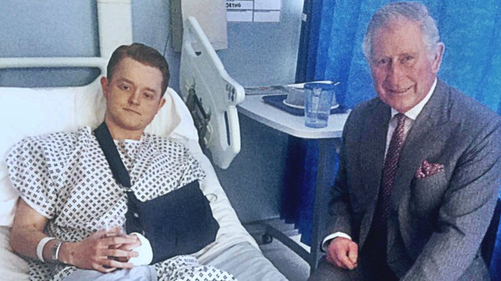 Travis Frain in hospital bed and Prince Charles