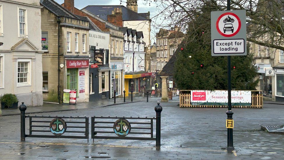 Chippenham market place with security gate in the foreground