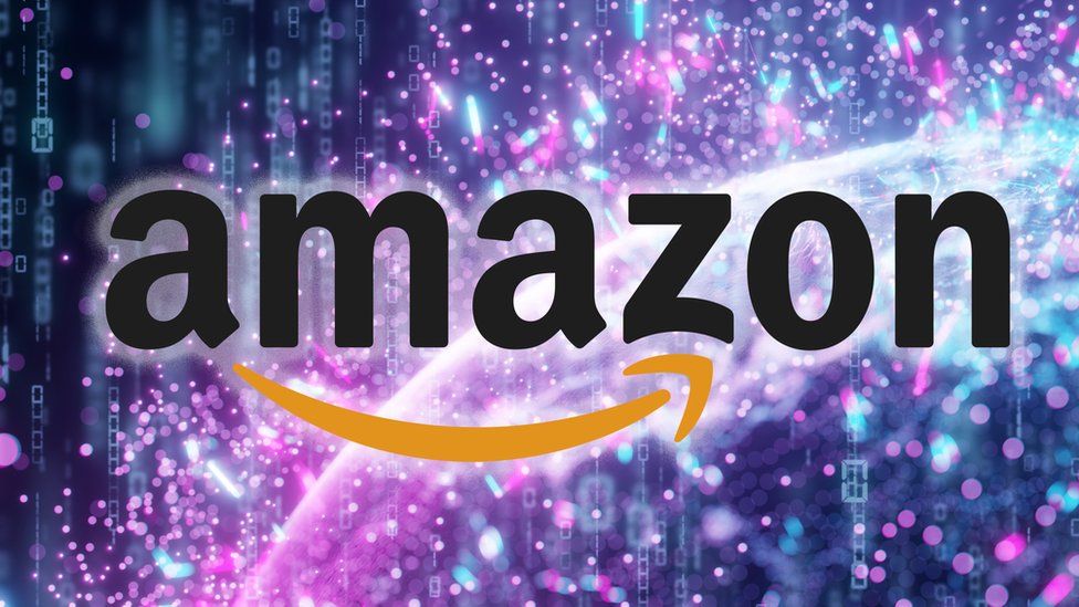 Amazon logo seen against a brightly coloured "data stream" abstract concept