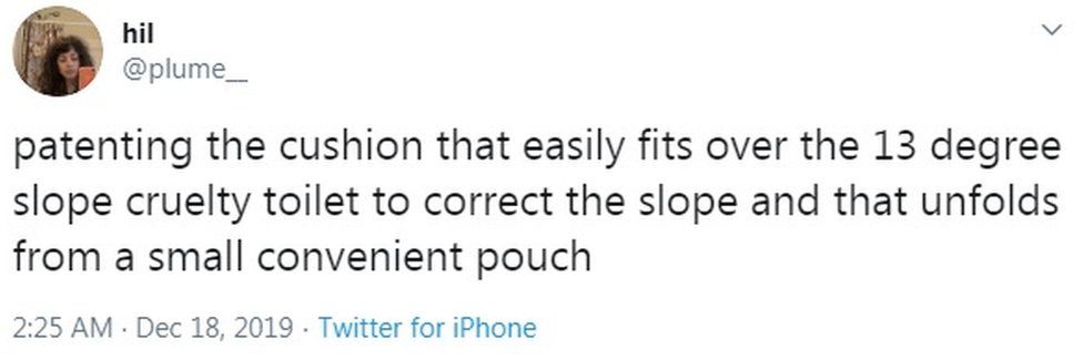 Tweet from Hilary Gardiner: "patenting the cushion that easily fits over the 13 degree slope cruelty toilet to correct the slope and that unfolds from a small convenient pouch"