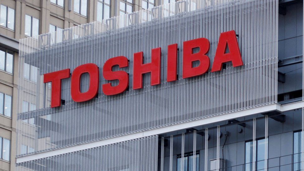 The logo of Toshiba Corporation is displayed at the company's building in Kawasaki, Japan.