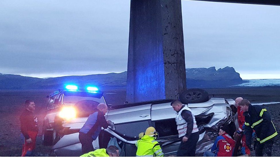 Site of car accident where three British people including child have been killed on the Núpsvötn bridge on Iceland's ring road between the town of Kirkjubæjarklaustur and area of Skaftafell
