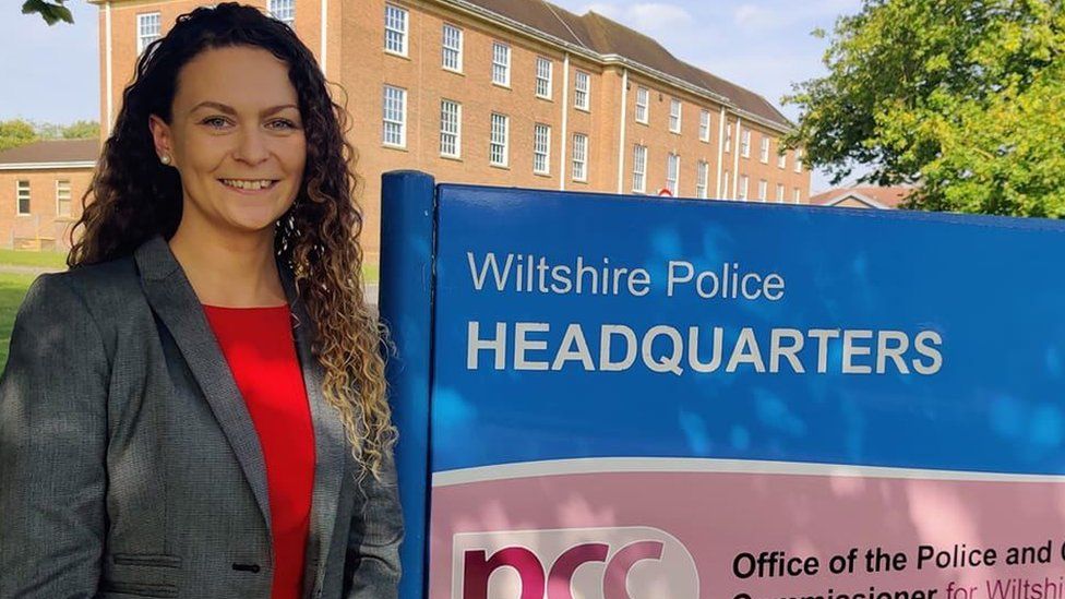 Stanka Adamcova standing outside the Wiltshire Police headquarters