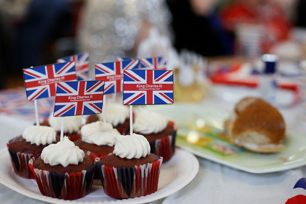 Cupcakes with Union Jack flags are seen during a Coronation Big Lunch to celebrate King Charles' coronation, at Kilbride parish church in the village of Doagh, Northern Ireland, May 7, 2023.