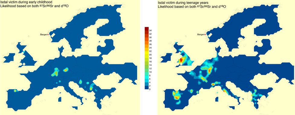 Heat maps show the probability the Isdal woman came from certain European areas. In childhood, the "hot spots" are in central Europe, including Germany - in teenage years, the German-French border area is brightest, alongside the UK - though other evidence suggests the UK is an unlikely option.