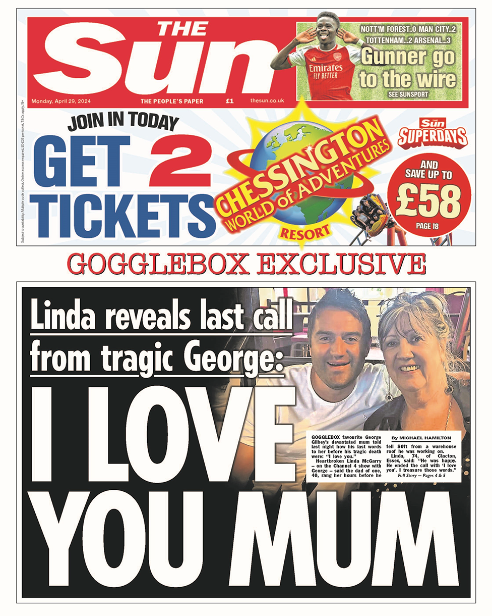 The headline in the Sun reads: "Linda reveals last call from tragic George: I love you mum".