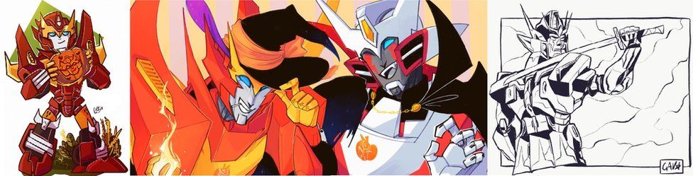 Artwork of Rodimus and Drift by More than Meets the Eye fans Cara Burns/@Themanlylobster, @raadst, @GeshGav as part of the #LostLightFest