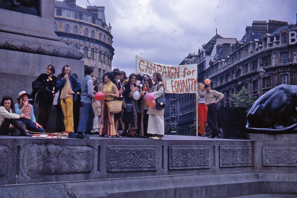 People attend the first official UK Gay Pride Rally in Trafalgar Square, London, in 1972