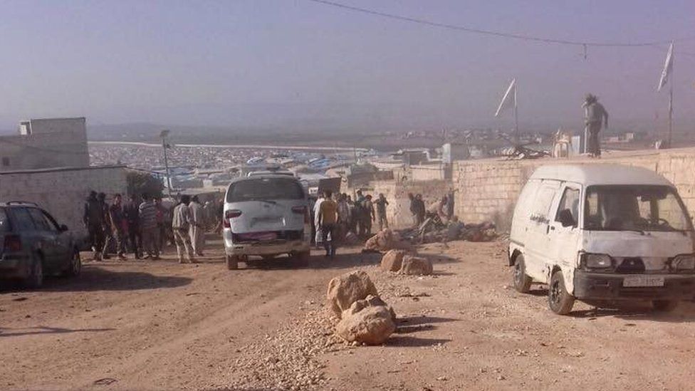 Photo posted by the Local Co-ordination Committees showing aftermath of bomb attack at Atmeh border crossing on 6 October 2016