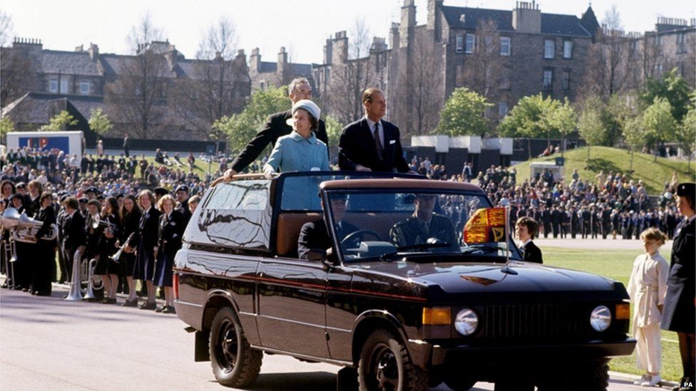 The Queen and Prince Philip at Edinburgh's Meadowbank Stadium, where they attended a Pageant of Scottish Youth during their Silver Jubilee tour of Scotland in 1977