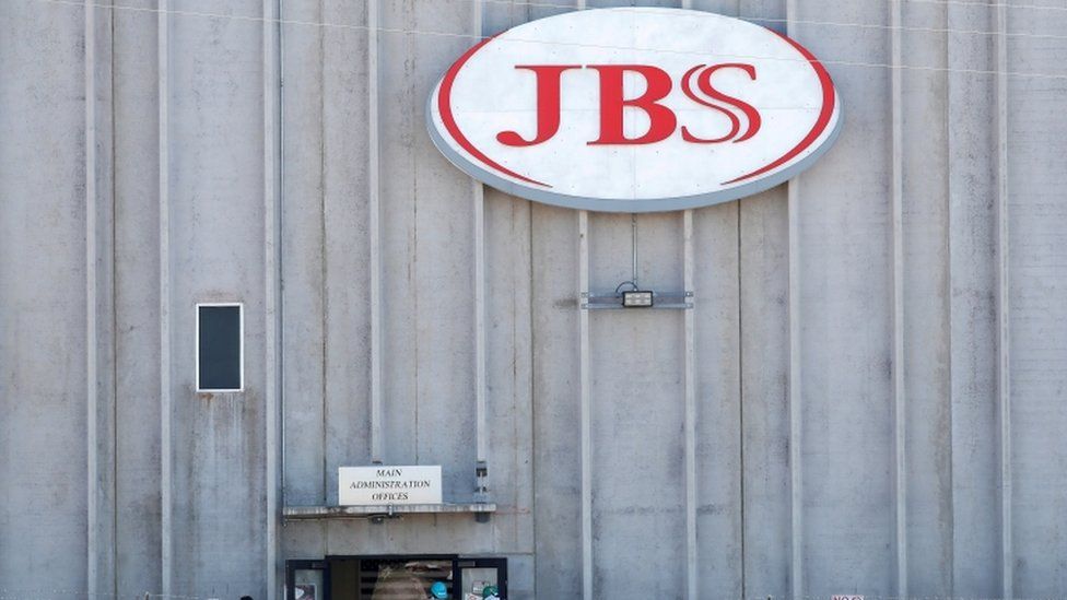 JBS logo at plant in Greeley, Colorado, April 2020 file picture