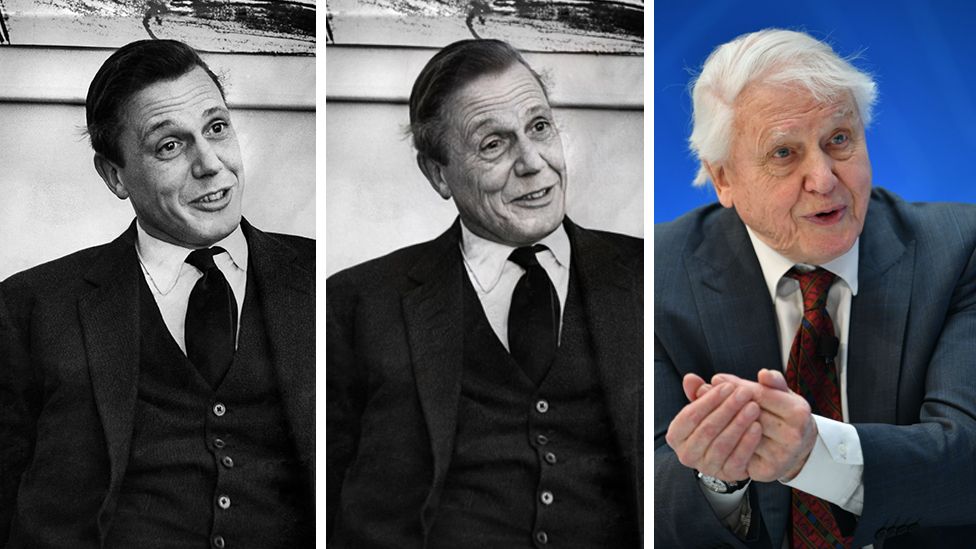 Composite image of Sir David Attenborough before the app, after it and what he looks like now