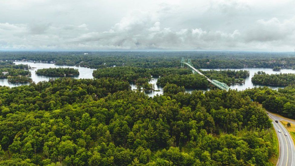 Landscape of the Thousand Islands archipelago, St. Lawrence River, along the northern border between the United States and Canada