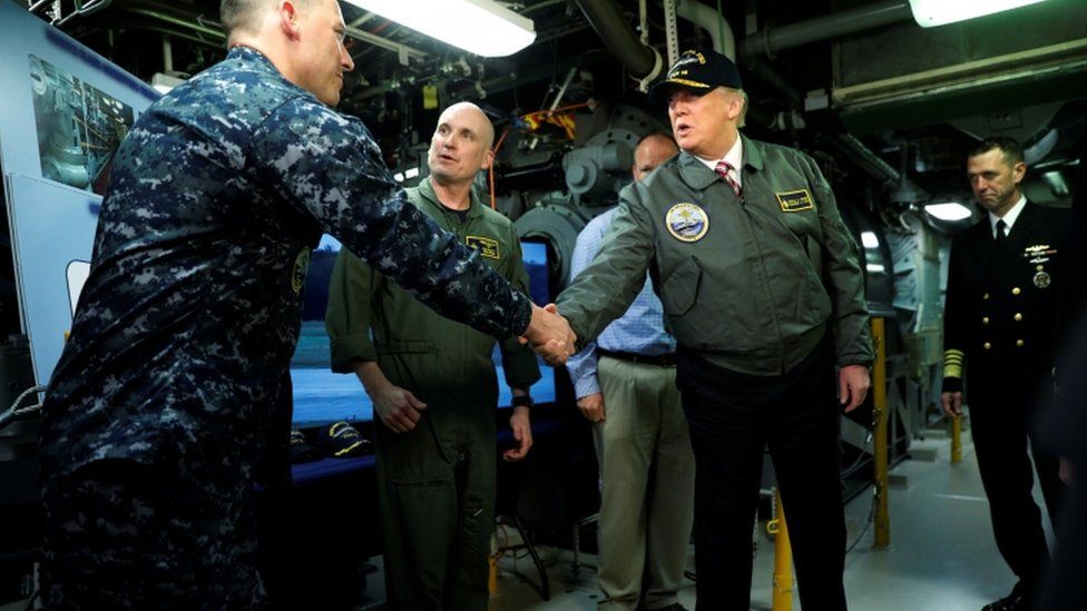 Trump toured the Gerald R Ford aircraft carrier ahead of his remarks to members of the crew