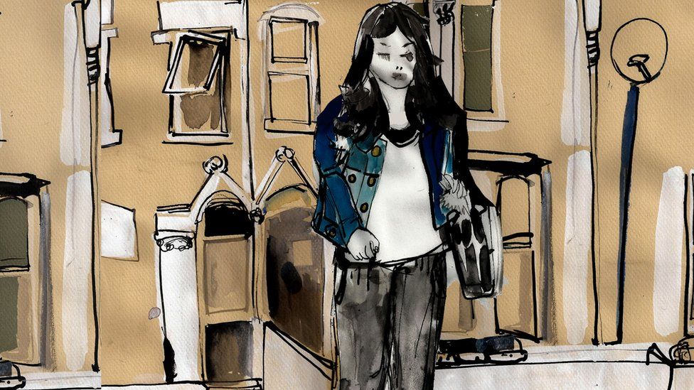 Illustration of a girl walking away from a home