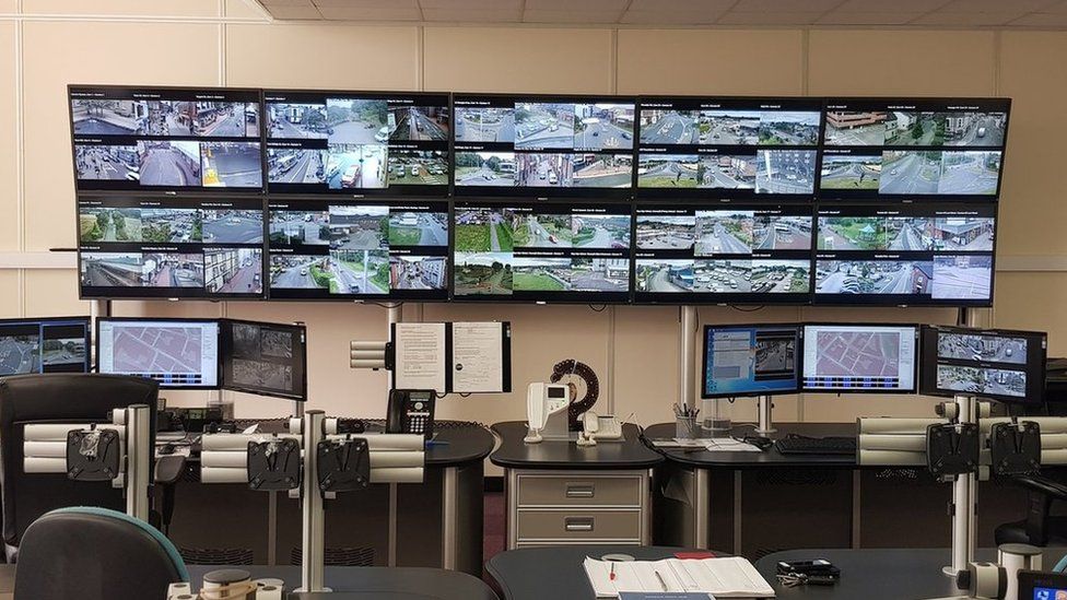 Wrexham CCTV control room with multiple screens