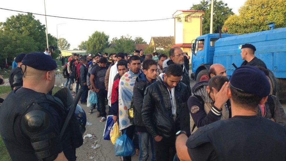 Migrants queue for coaches for registration centres in Tovarnik, Croatia - 18 September