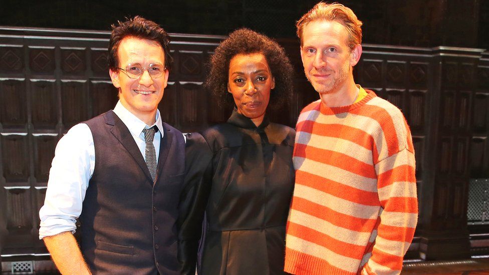 (L to R) Cast members Jamie Parker, Noma Dumezweni and Paul Thornley pose backstage following the press preview of 'Harry Potter & The Cursed Child' at The Palace Theatre on July 30, 2016 in London